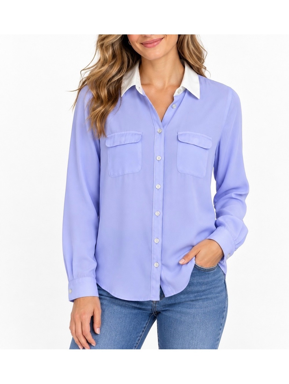 LOFT Lavender White Contrast Collar Utility Blouse Button Down Shirt XS